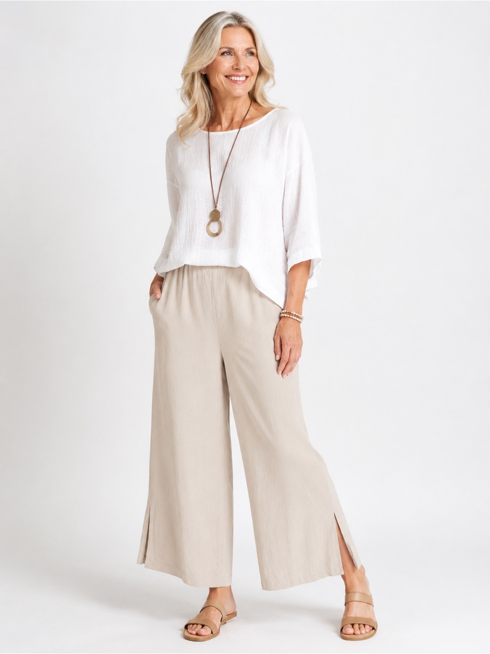 Caroline Rose Wide Leg Beige Pull On Slit Hem Resort Coastal Chic Pants 2X